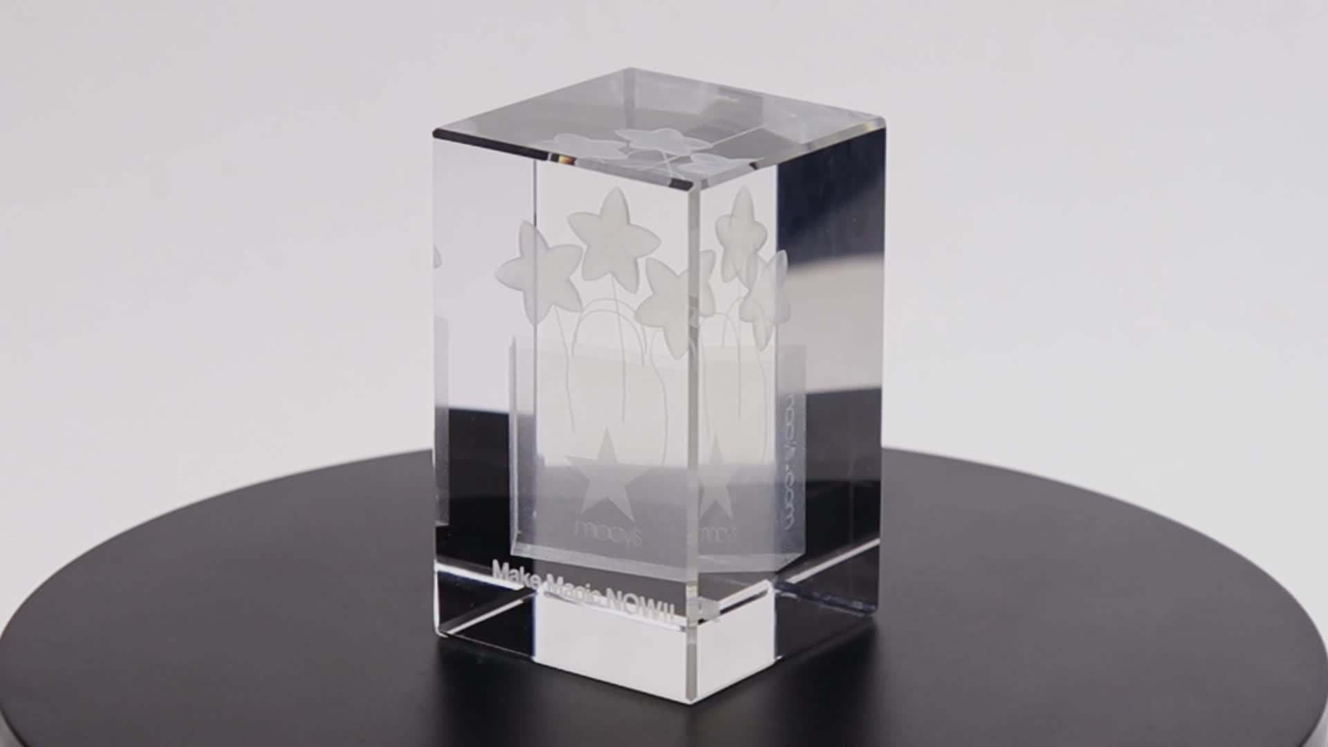 3D Laser Engraved Crystal Glass Rose Flower Cube With Led Light Base For Wedding Souvenirs Guests