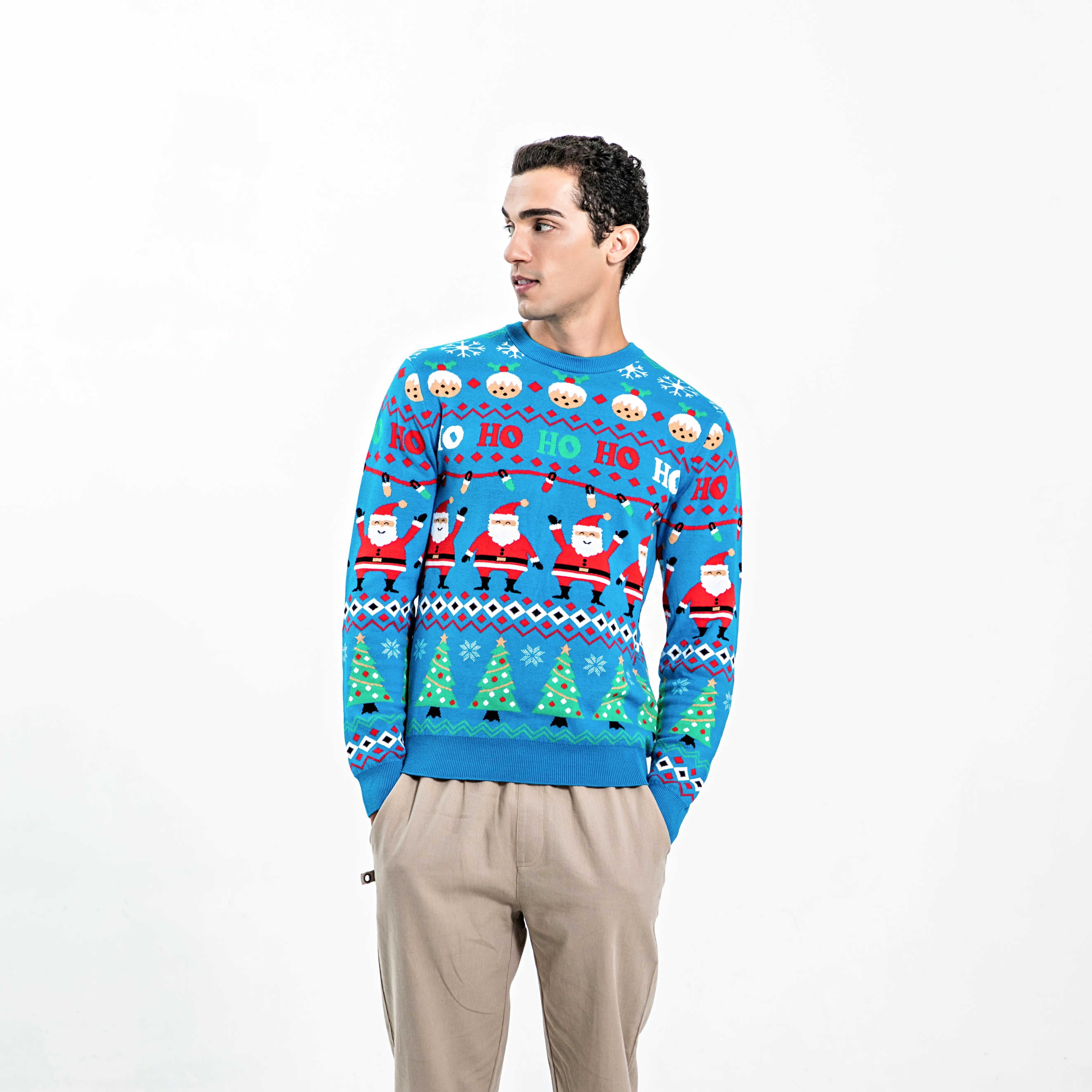 Рождественский жаккардовый свитер OEM/ODM на заказ, вязаный уродливый свитер, пуловер, мужской рождественский джемпер с круглым вырезом, уродливый свитер