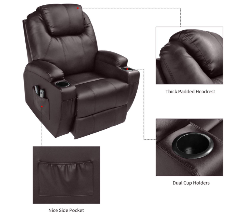 Modern Style Single Seater 8 Point Vibration Massage With Heating Swivel And Rocker Manual Recliner Chair