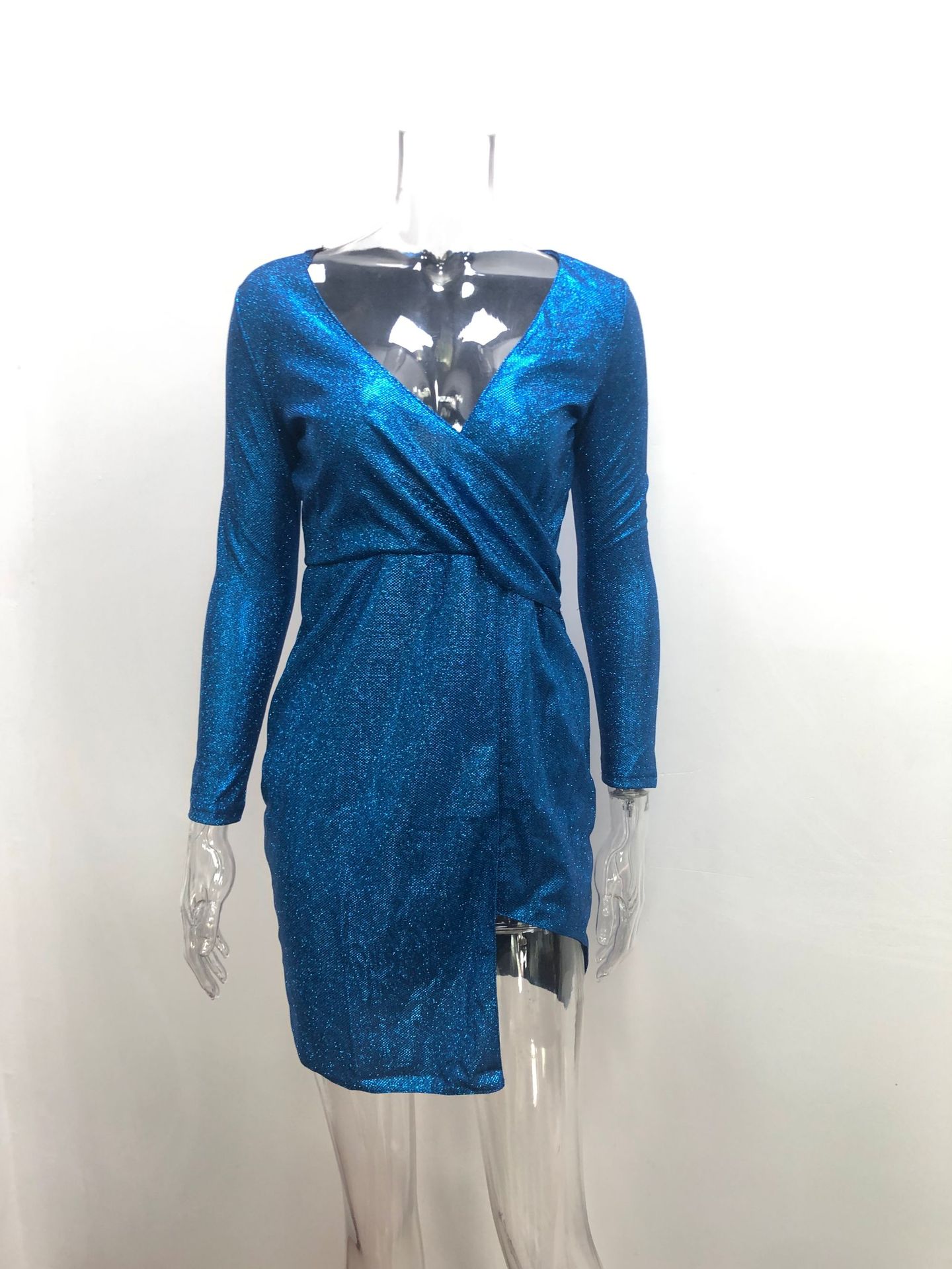 2020 fashion long sleeve v neck lady elegant mini sexy party women sequin dress