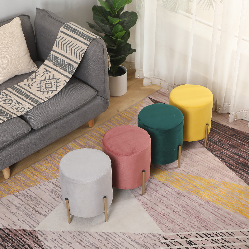 Simple Elegant Ottoman Design Public Chrome Leg Round Shape Velvet Home Furniture Living Room Furniture Home Stool & Ottoman