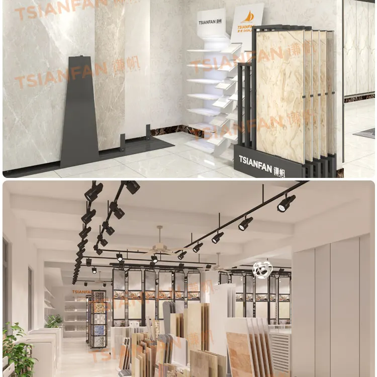 Adjuster Punching Showroom Vertical Ceramic Tile Rack Modern Luxurious Wall Shelf Store Metal Marble Racking Display
