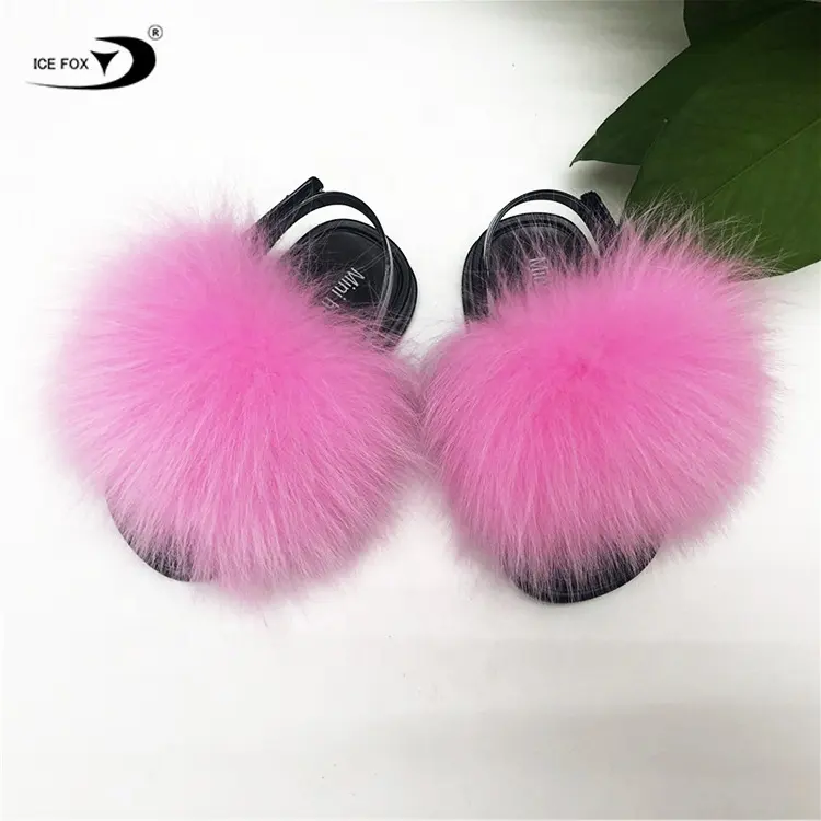 Children winter warm fluffy fox fur slippers wholesale custom colorful baby little girls slippers sandals