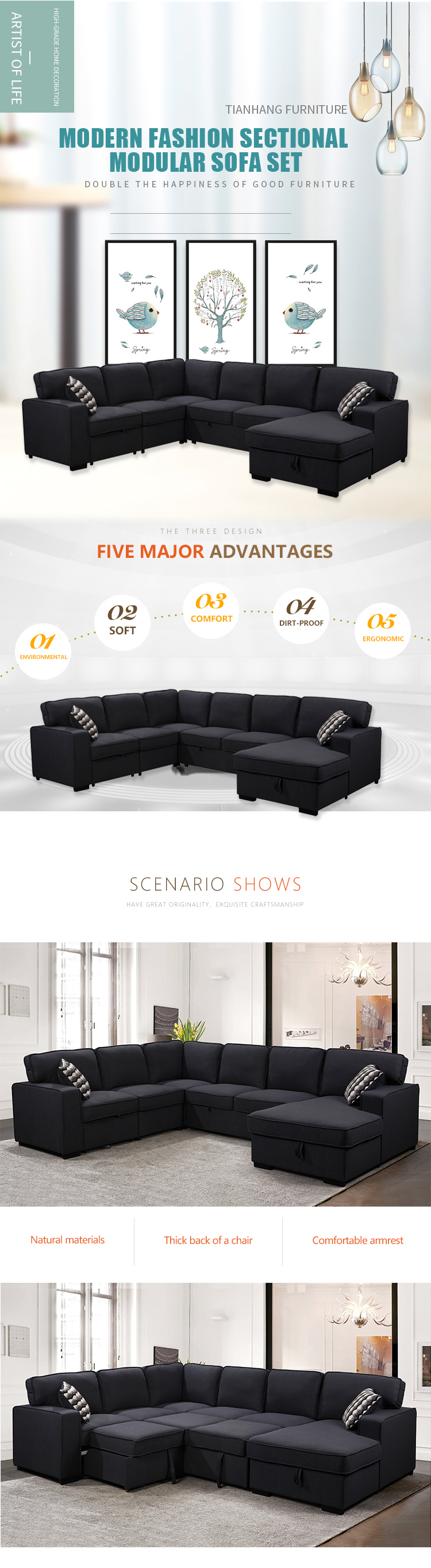 Modern design U shape corner sofa set for living room fabric sofa sectional wholesale