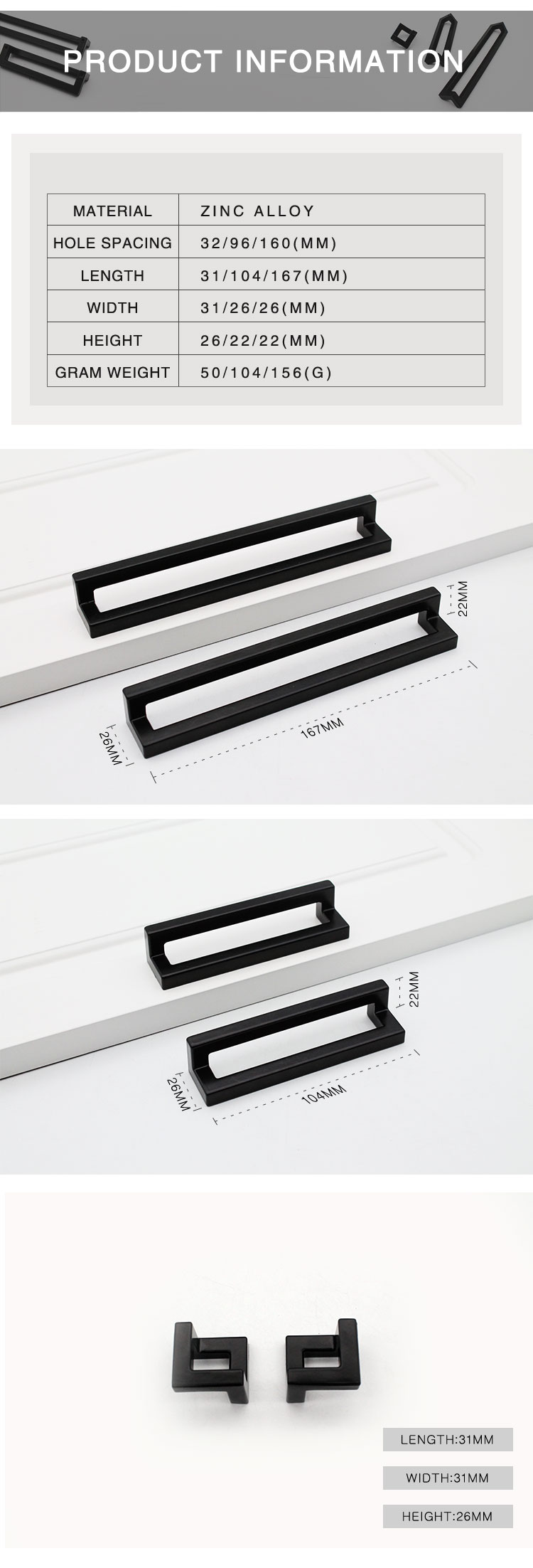 L Shape 128mm Zinc Alloy Black Square Kitchen Drawer Cabinet Handle, New Design Modern Living Room simple knobs//