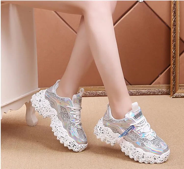 Xizi Spring 2020 Dad Shoes Women Big Wave Snowflake Bottom Increased Sequins Sneakers
