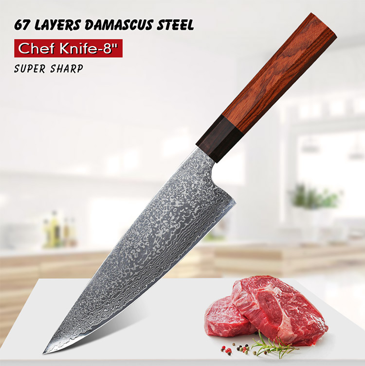 High Carbon Damascus Chef Knife with Rosewood Handle