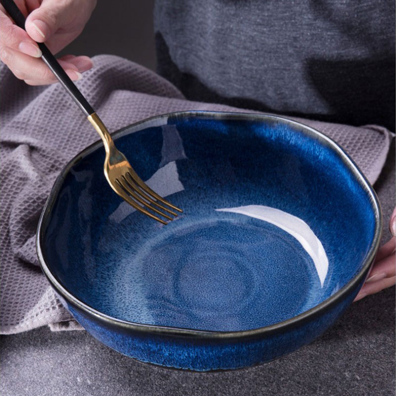 Nordic Style Tableware Round Glaze Blue Colored Ceramic Noodle Soup Bowl
