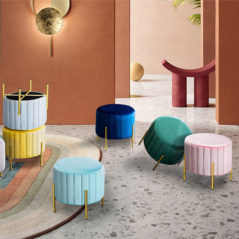 New Design Living Room Footstool Modern Round Shape Ottoman With Gold legs