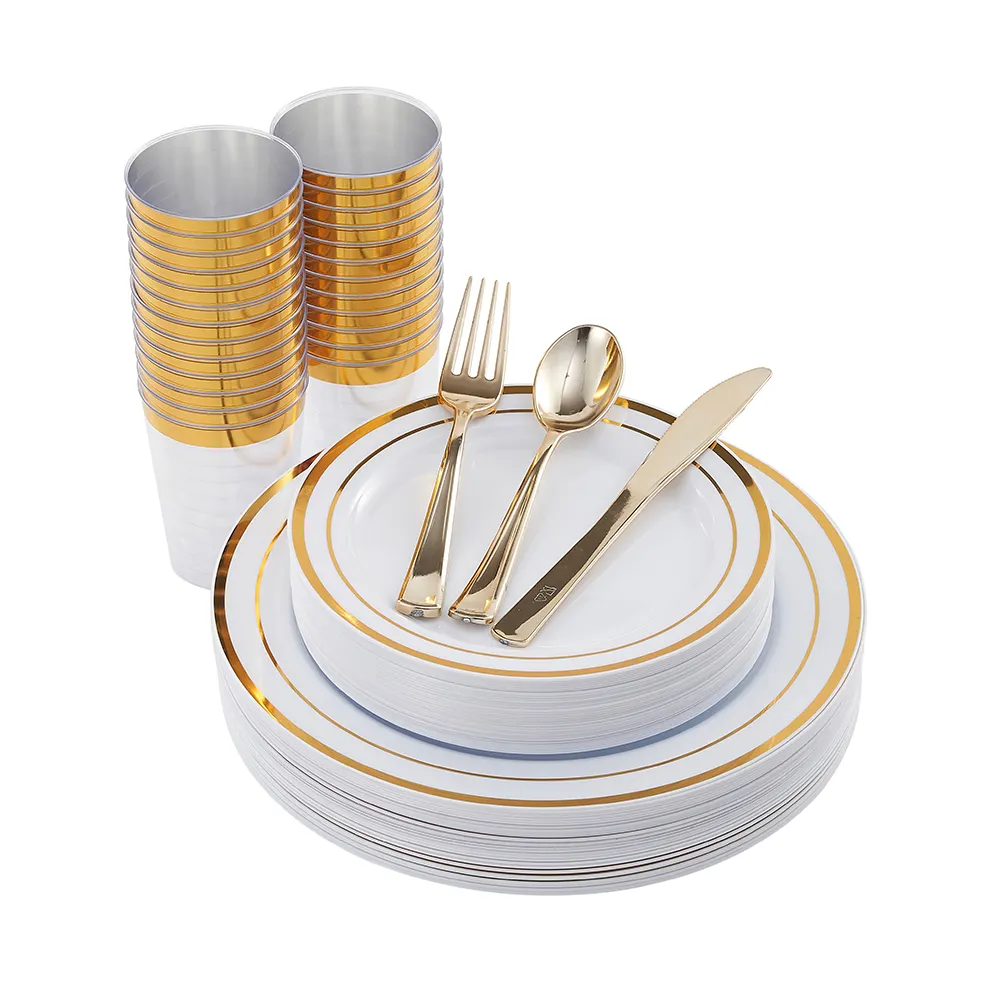 Лидер продаж, Amazon, 150 шт., золотой одноразовый пластиковый набор посуды для свадеб
