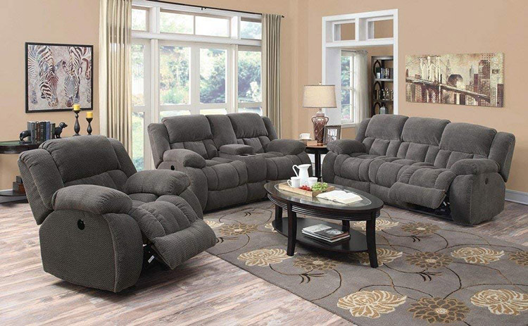 Modern Luxury brown Fabric Manual Recliner Sofa Set with Cup Holder and console with drink cup and USB charge