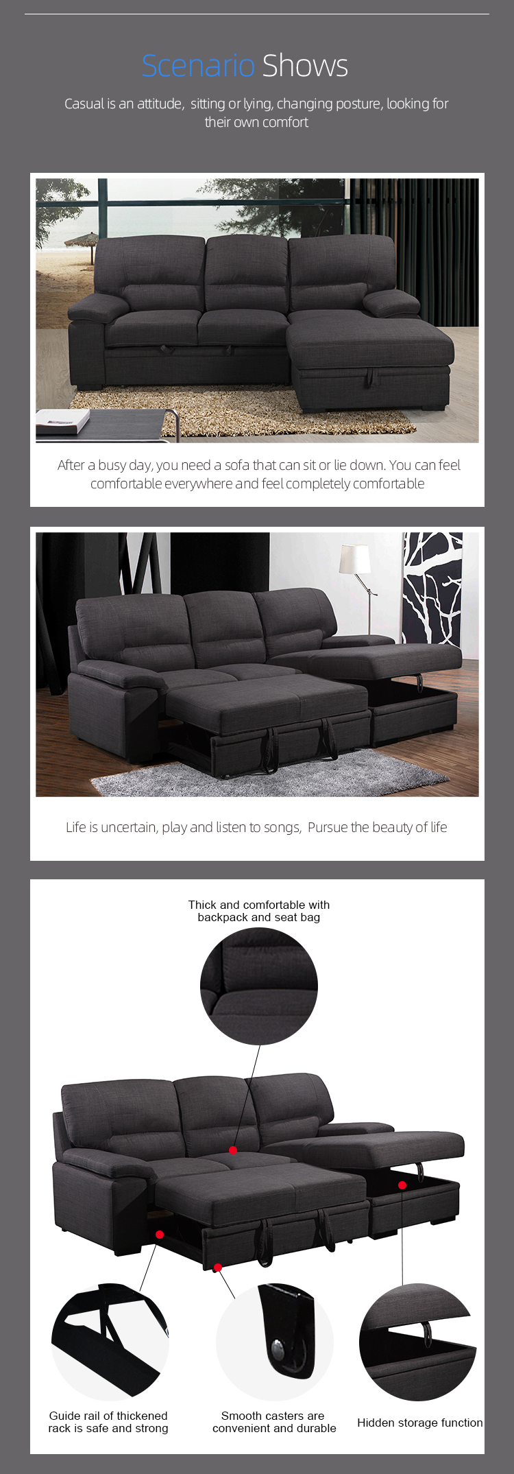 Home furniture fabric sofa set modern European and nordic style folding corner sofa