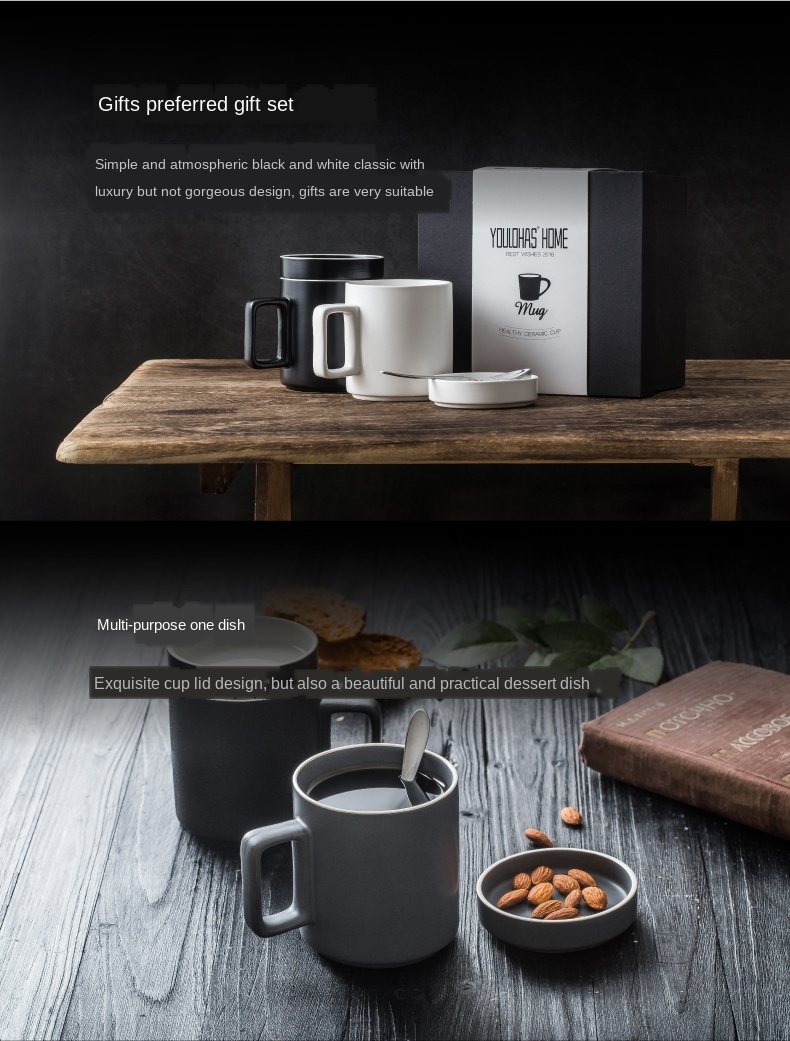 Personality gift box white black Ceramic Coffee berverage mug with lid and spoon for friend family birthday gift