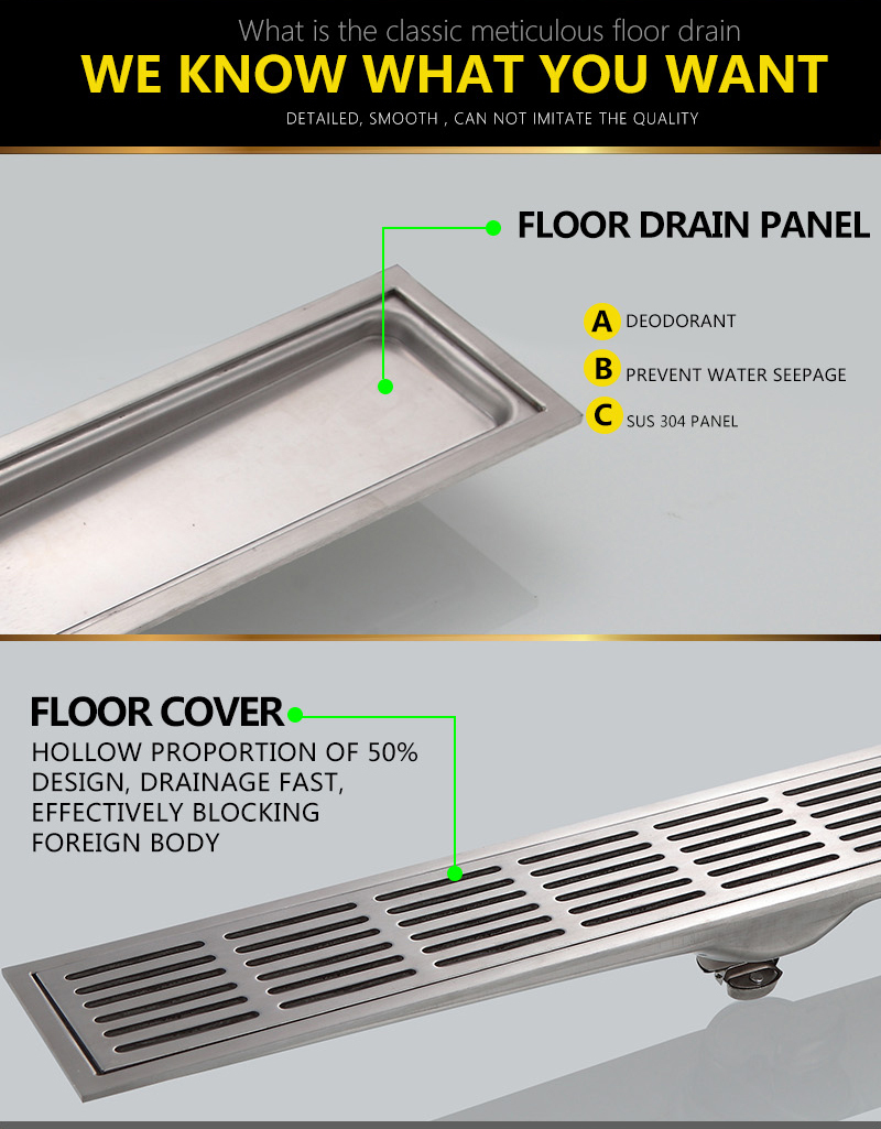 OEM ODM stainless steel bathroom balcony drainage automatic airtight floor drain line shower rectangular shower drains