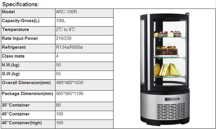 100L High Quality Stainless Steel Counter Top Cake Showcase Bakery Equipment Refrigerated Cake Round Display Cooler