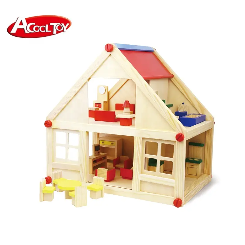 Wooden toy Doll house with furniture pretend game