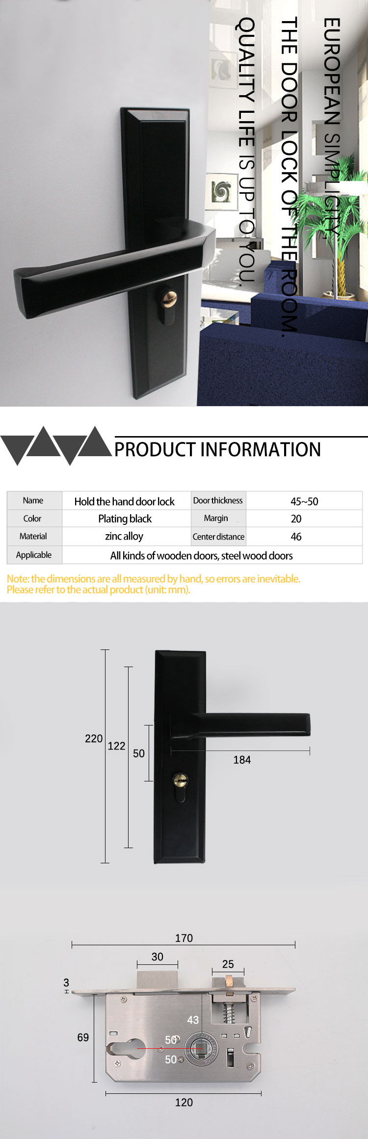 Black Zinc Alloy American Style Door Handle With Plate Zinc Lock Handle With Privacy Latch
