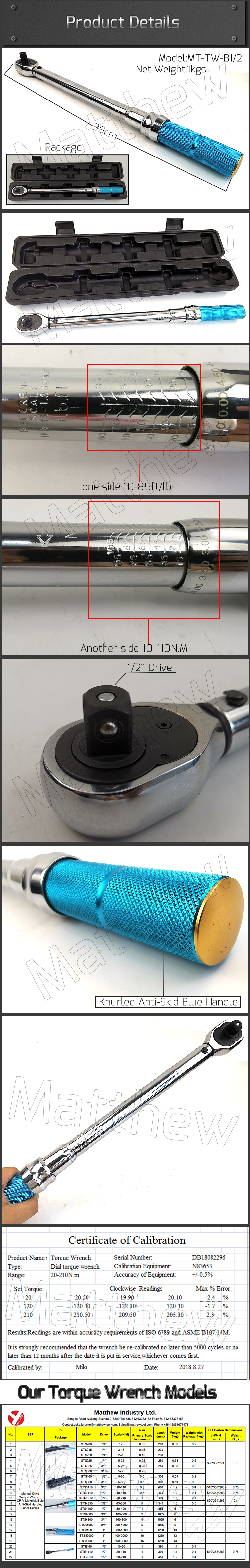 10-110Nm 1/2 inch Drive Chrome Vanadium Steel Preset Click Torque Wrench with Anti-Skid handle