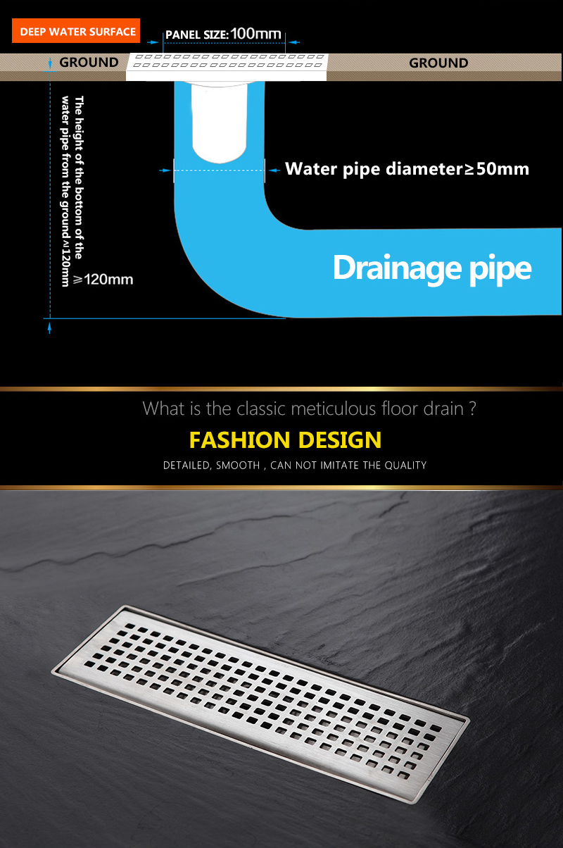 Latest Design 33*14*8CM Bathroom Conceal 304 Stainless Steel Grate Shower Deodorant Floor Drain With Bathtub Drain Protector