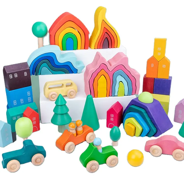 Montesorri educational kids Custom Toy, hot sale balancing blocks wood Block Assorted Color Building Block Toys