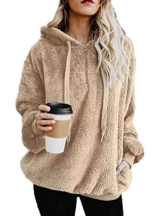 Rummandy Fashion Women Fleece Winter Warm Solid Color Long Sleeve V-neck Half Zip Sweatshirt Loose Plus