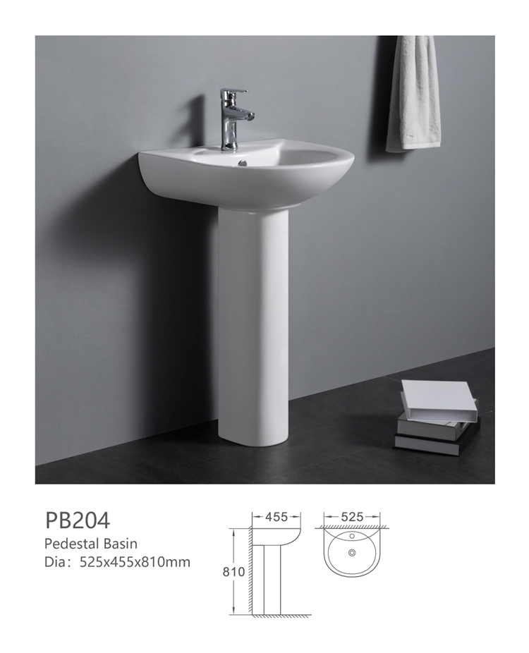 PB204 Single faucet hole oval shape white porcelain bathroom sink with pedestal
