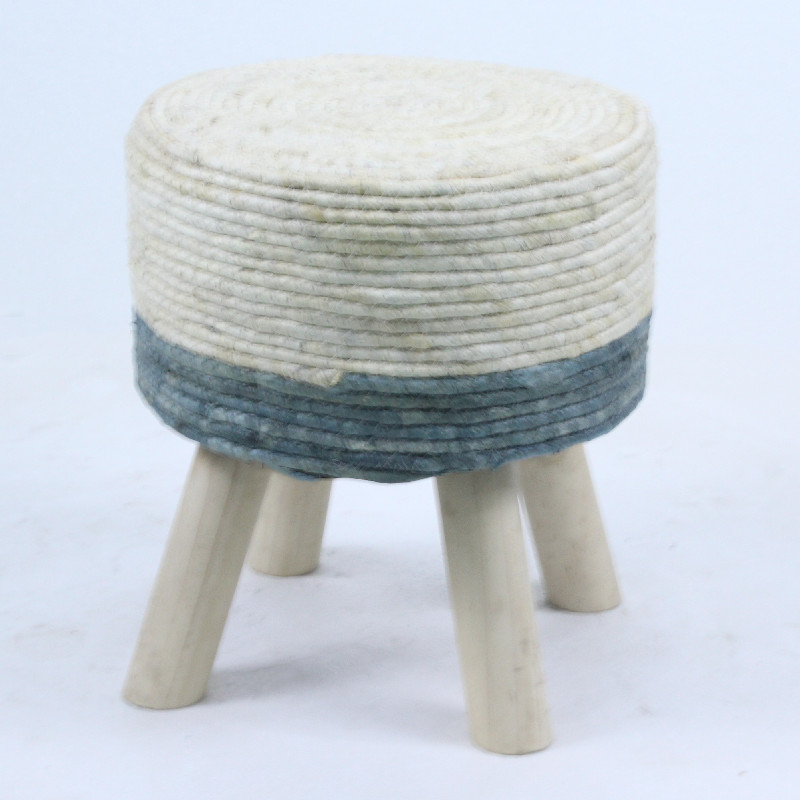 Woven Rug Upholstered Round Seagrass Stool Pine Wood Stool