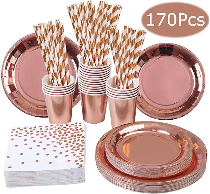 Party Favor Gift 2020 New Birthday Wedding Party Decoration 170 Pieces Rose Gold Party Tableware
