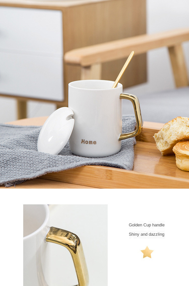 White Black Ceramic Coffee Mug With Golden Handle And Lid 14 oz For Home Office Tea Cup