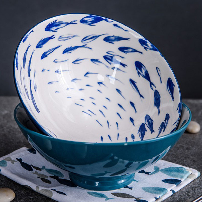 High Quality Household Fish Pattern Soup Large  Blue And White Porcelain Bowl