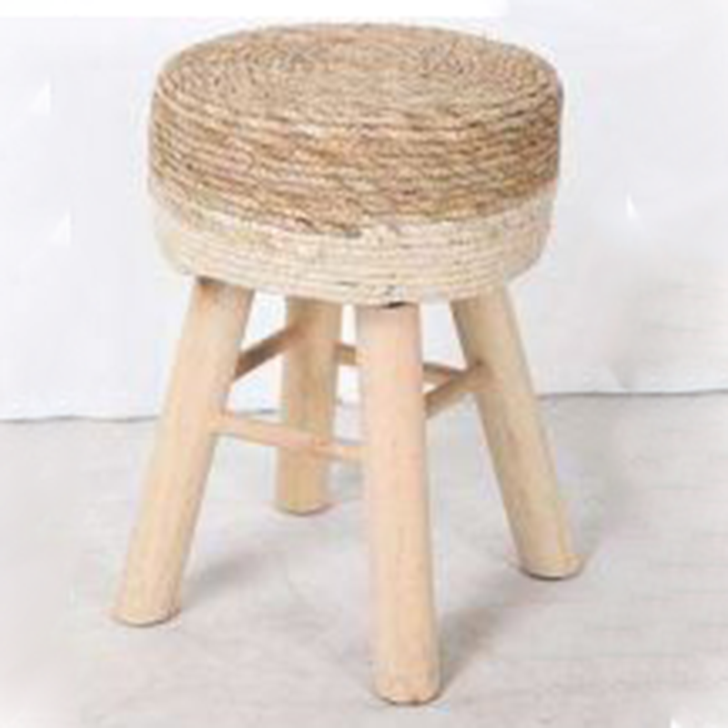 Woven Rug Upholstered Round Seagrass Stool Pine Wood Stool