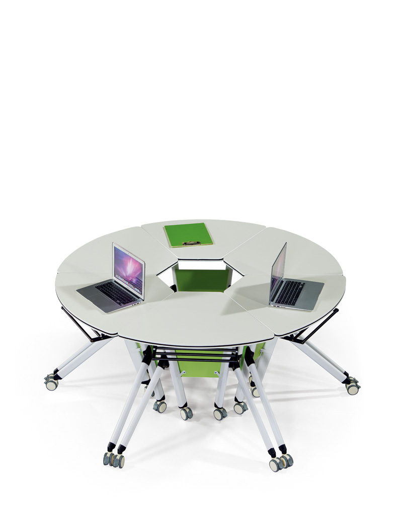 Smart classroom trapzoid desk with steel book basket mobile free combined round group 6-unit chat table