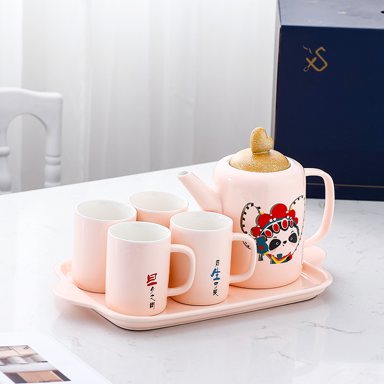 Customized 4 person coffee mug set  pink color tea cups coffee pot coffee set with tray