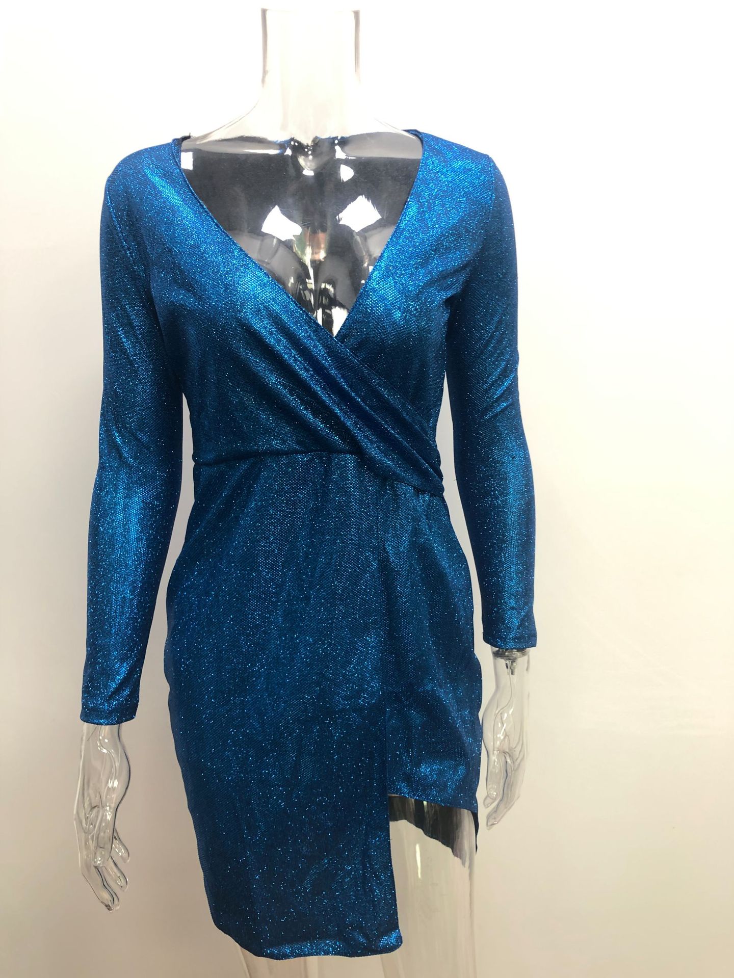 2020 fashion long sleeve v neck lady elegant mini sexy party women sequin dress