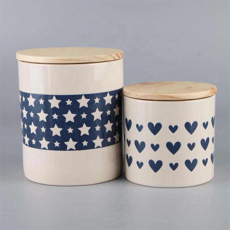 Hot sale cheap custom coffee bean candy sugar container tea canister ceramic food storage jar with wooden carved lid E034