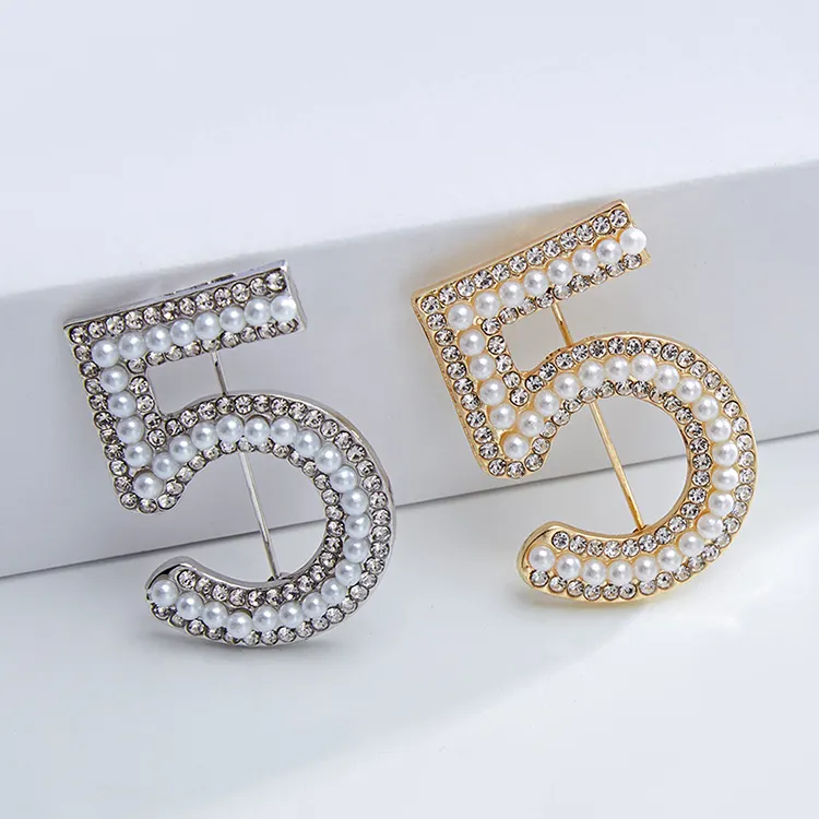 Famous Luxury Pearl Rhinestone Clothing Scarf Brooches Number 5 Designer Brooch Pins For Women