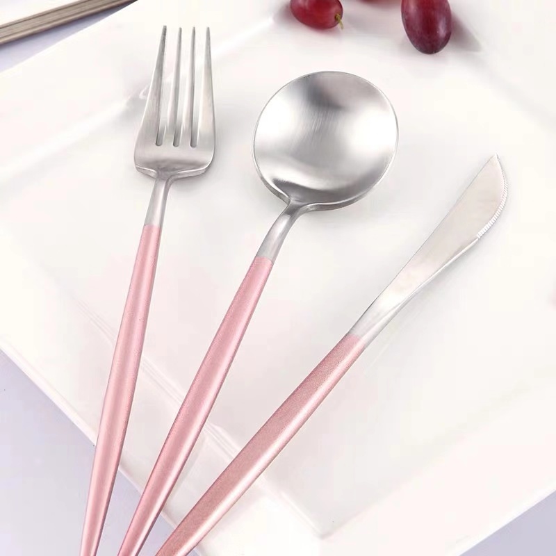 Round handle pink silver ware Matte Flatware set Hotel Restaurant Party Hot Selling Amazon