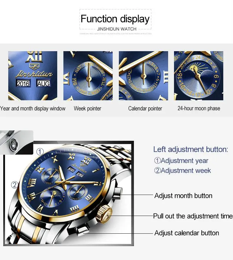 Men Watch Top Luxury Brand JSDUN Montre Homme Avec Date Complete Calendar Mechanical WristWatch ShenZhen Factory Supplier