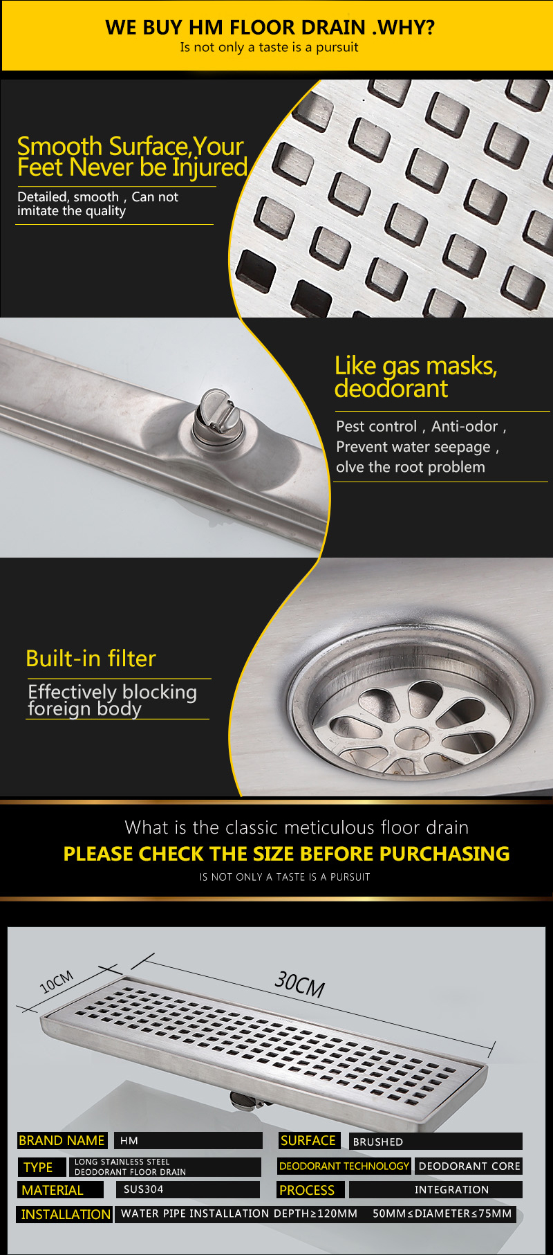 Latest Design 33*14*8CM Bathroom Conceal 304 Stainless Steel Grate Shower Deodorant Floor Drain With Bathtub Drain Protector