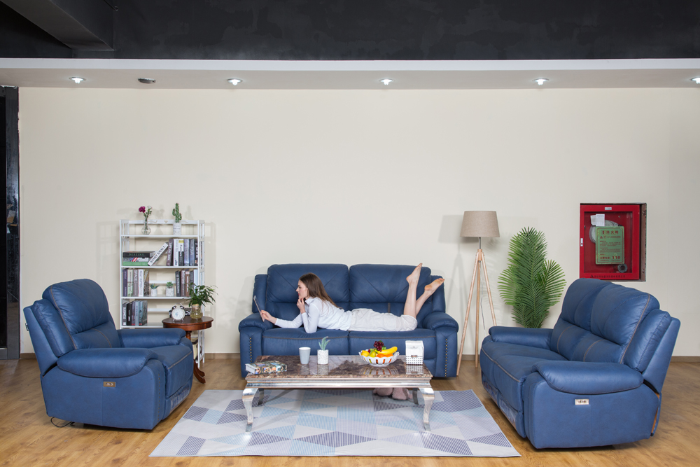 Factory directly wholesale price 3 2 1 seater electric manual recliner air leather fabric sofa with with blue light cup holder