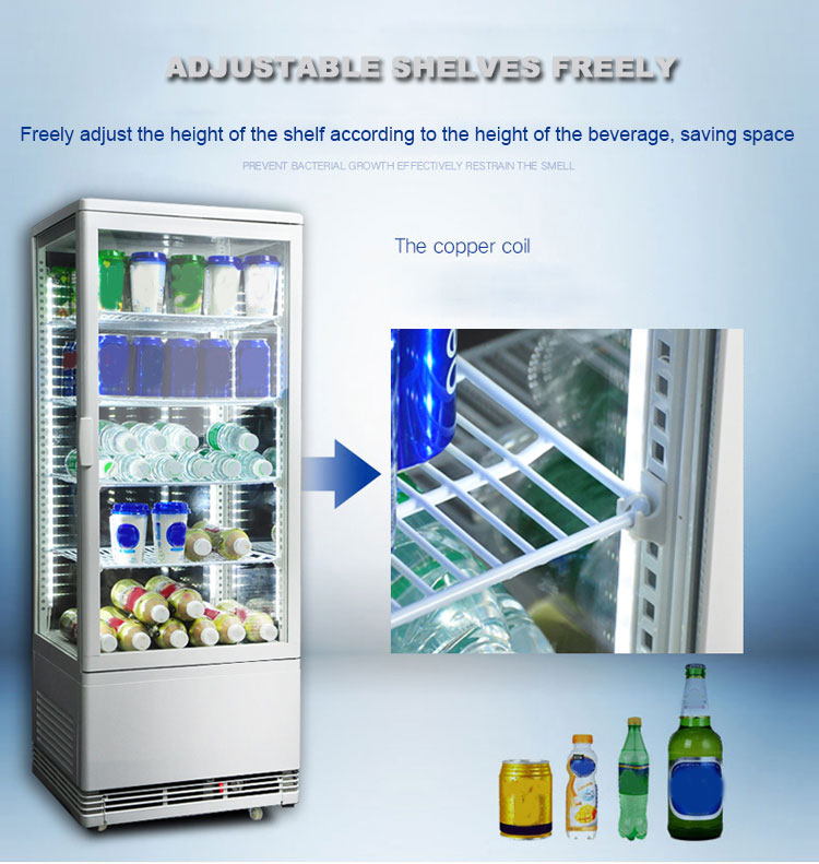 98L cake refrigerated fresh-sided glass display case four sided glass vertical cabinet
