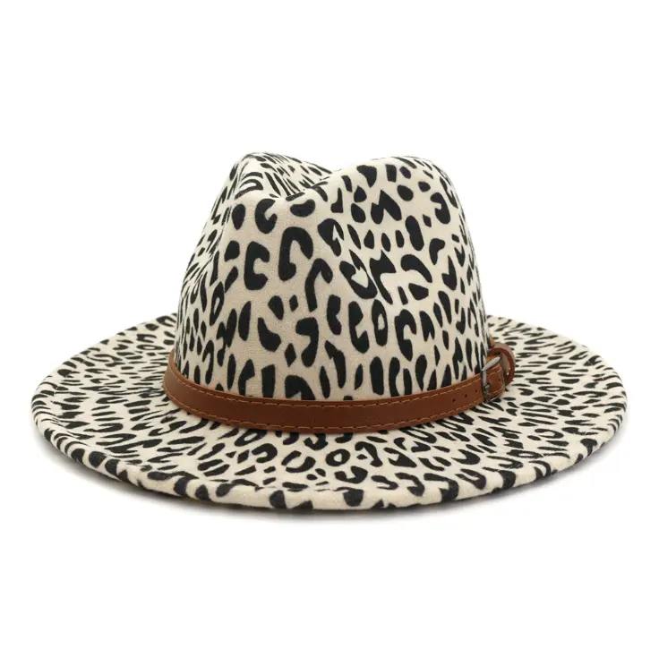 Leopard print pattern wide brim wool felt fedora hat