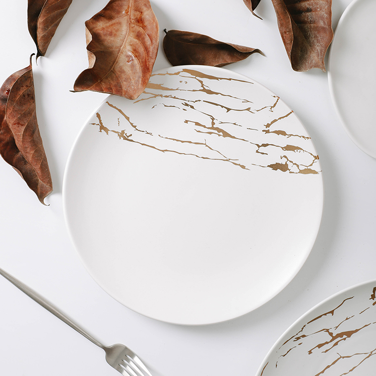 Home goods tableware matt white golden marble ceramic pasta dessert dinner plate