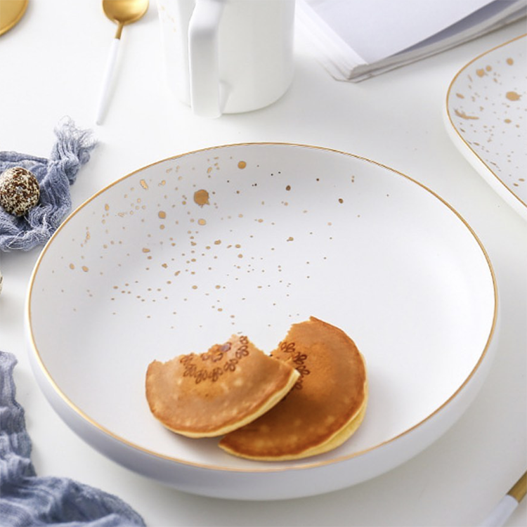 Matte glaze green white square round appetizer pasta plate restaurant wedding ceramics dinner plates with gold embellish