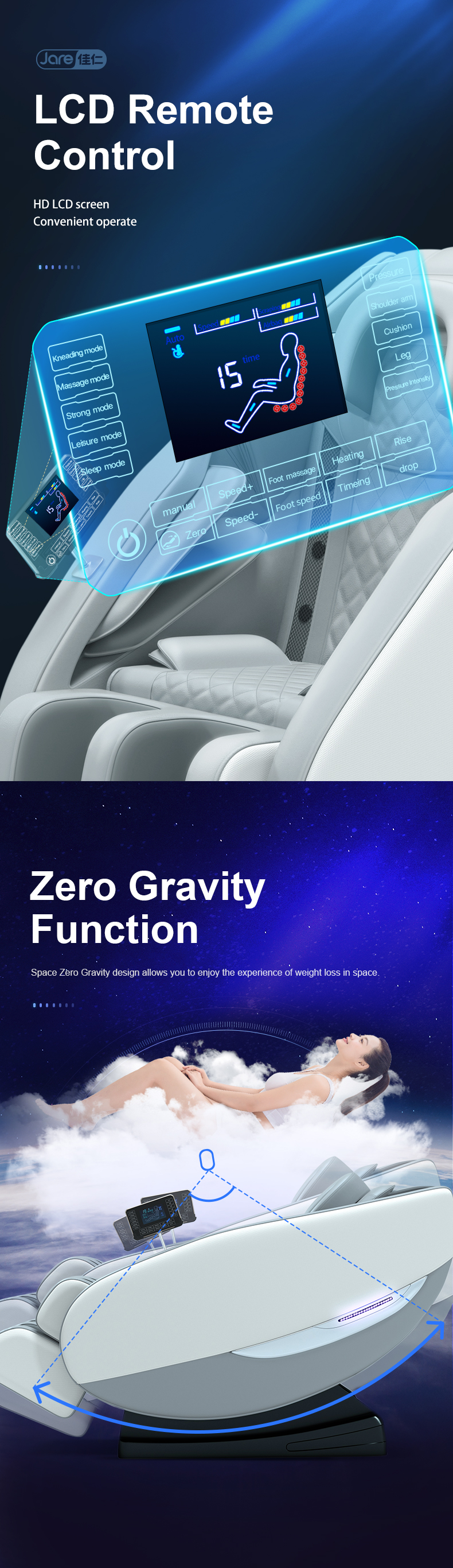 Jare 6655 Factory Price OEM ODM Fix Ball Electric Zero Gravity LED Light Heated Vibration Hot Sales Full Body Massage Chair
