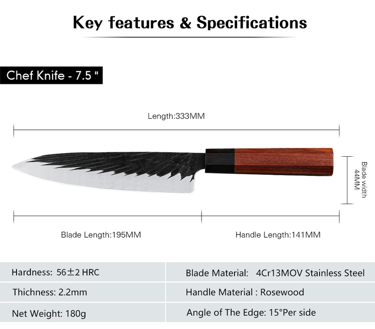 High-quality 7.5 Inch Stainless Japanese Kitchen Chef Knife with Rosewood Handle