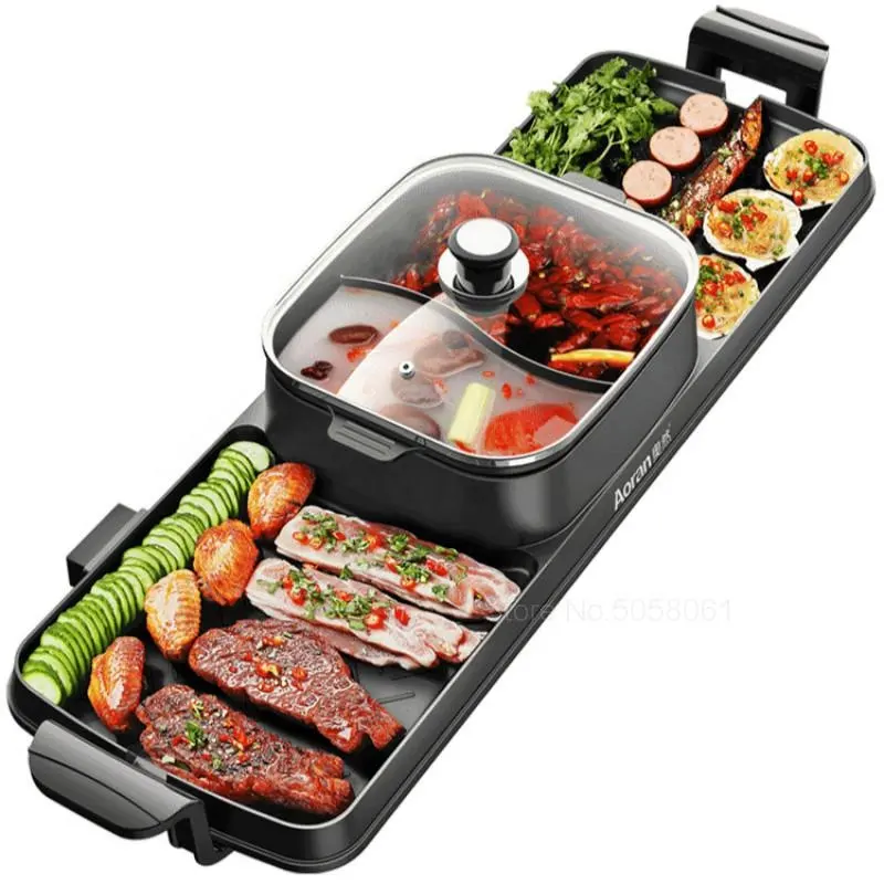 Household multi-function no smoking dual use electric bbq grill with hot pot