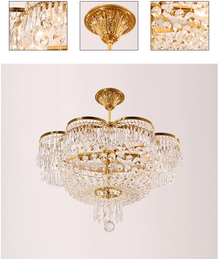 Living room pure copper luxury crystal chandeliers with gold color K9 crystal copper pendant lighting