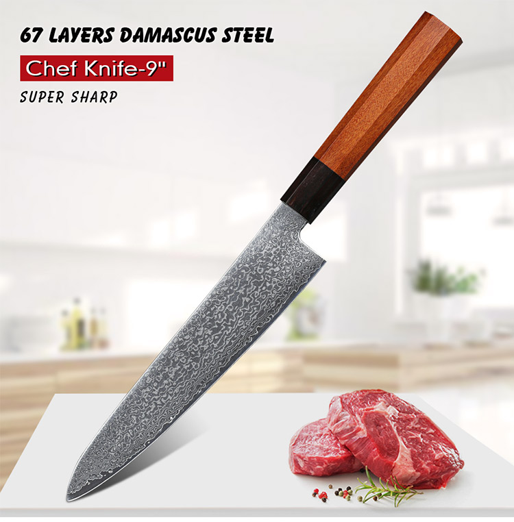 High Carbon Damascus Japanese Gyuto Knife with Rosewood Handle