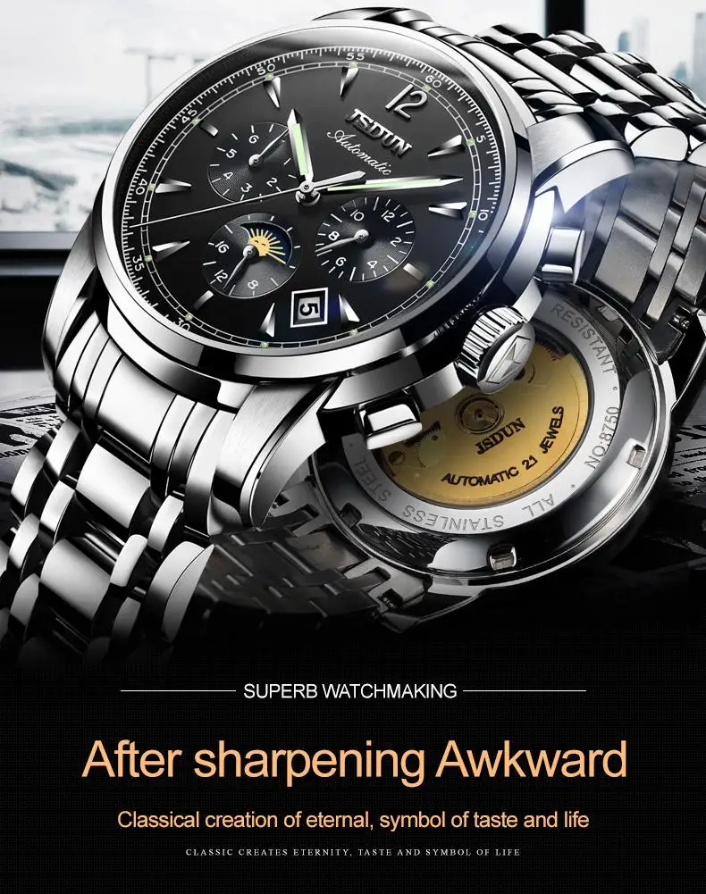 Men Watch Top Luxury Brand JSDUN 8750 Men Automatic Mechanical WristWatch Fashion Business Stainless Steel Strap Hand Clock